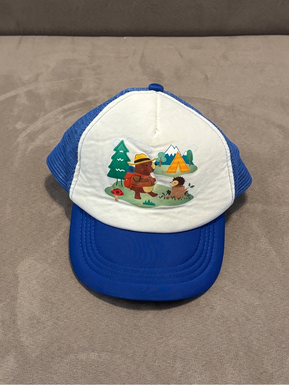 Blue and White Kids Trucker Hat with Camping Bear Graphic